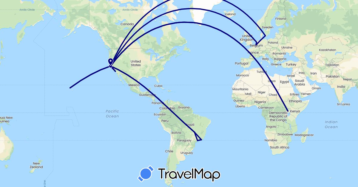 TravelMap itinerary: driving in Belgium, Brazil, Denmark, Netherlands, Uganda, United States (Africa, Europe, North America, South America)